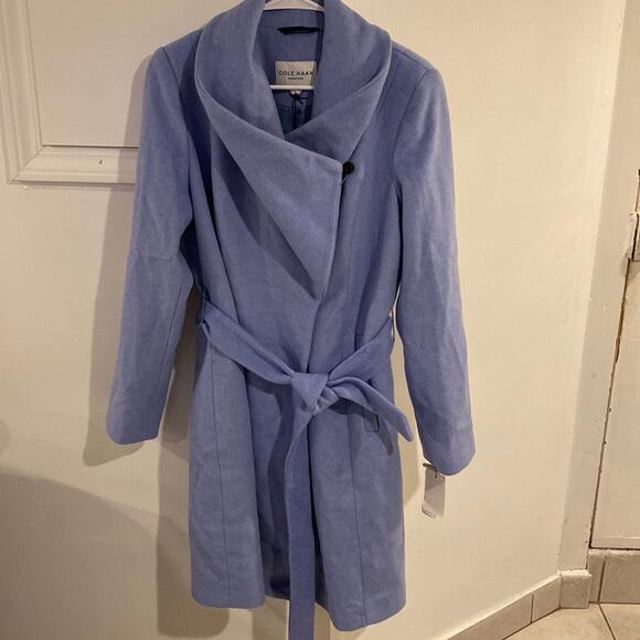 NEW!! Size 8 Cole Haan Belted Wrap Coat Ice Blue NEW!! - Picture 3 of 13